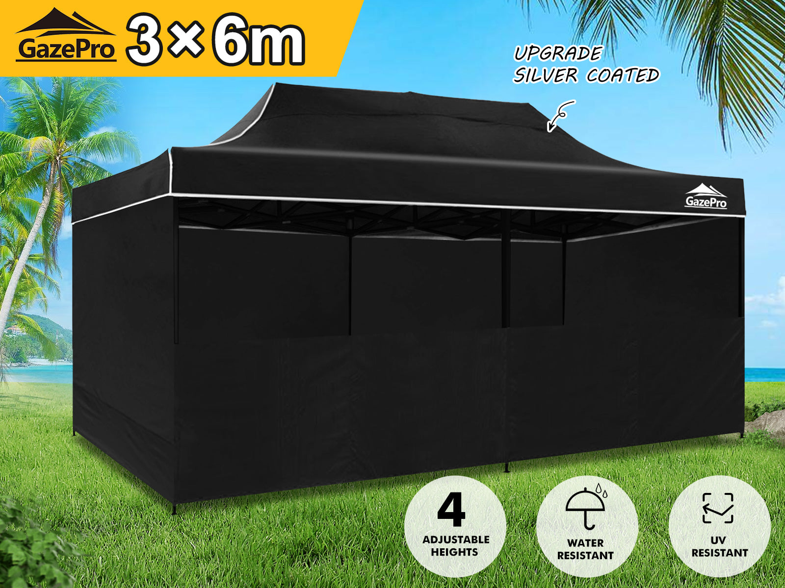 DS Gazebo with Silver-Coated Roof 3m x 6m - Black